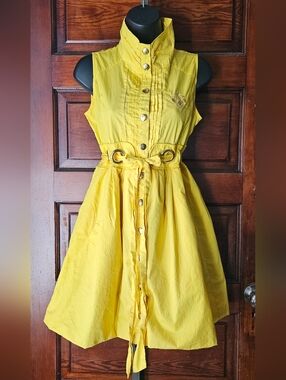Y2K, M, Vintage Deréon, Bright Yellow Shirtdress, Mandarin Collar, Bubble Hem